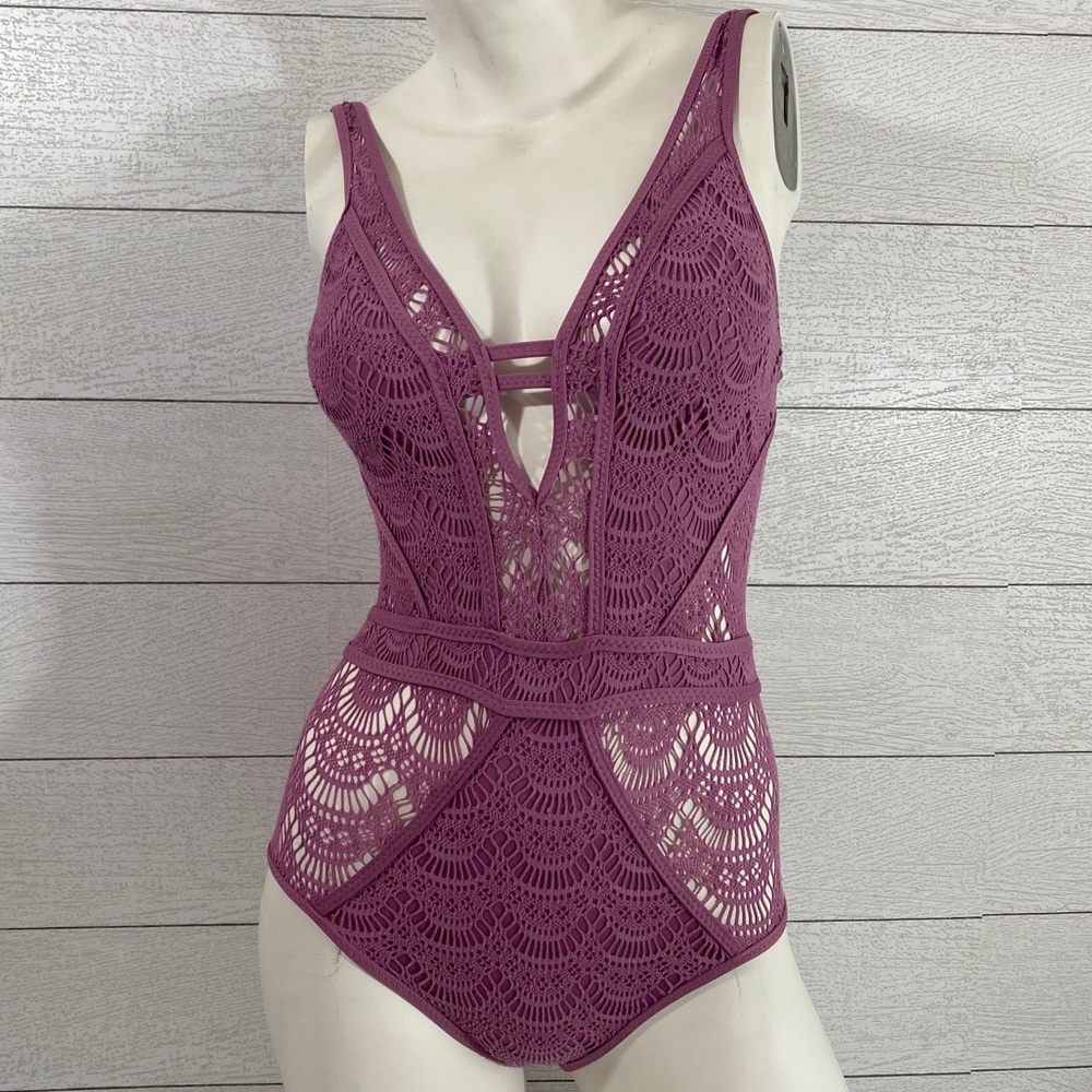 🔺SOLD🔺 Becca Crochet Plunging One-Piece Swimsuit - Picture 1 of 5